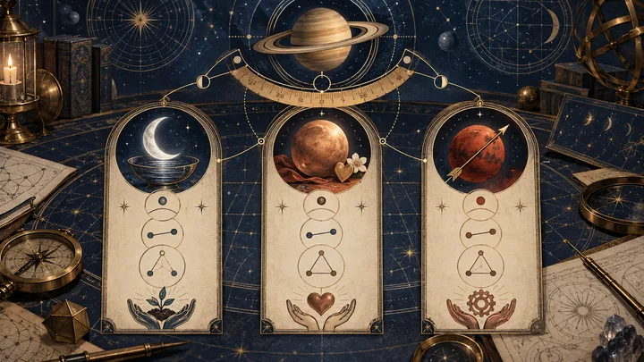 Engraved celestial workbench showing three illustrative panels for Moon care, Venus affection, and Mars action organized around Saturn and a measuring arc.