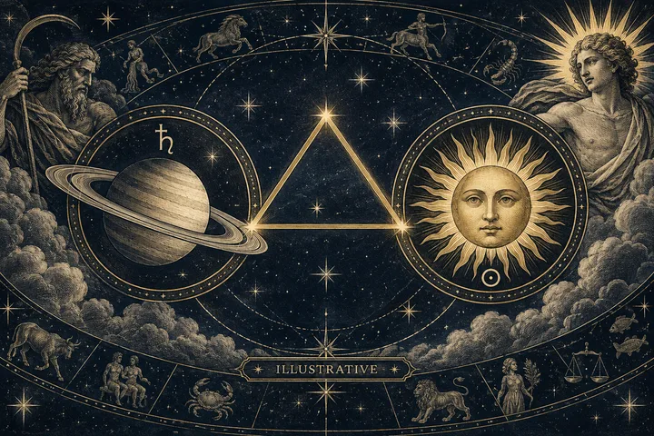 Engraved Saturn and a sun face sit in circular frames, joined by a gold triangle against a starry zodiac wheel.