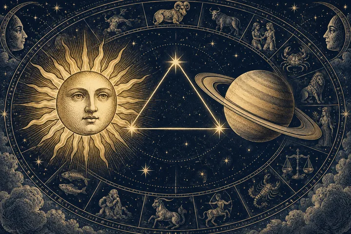A sun face and ringed Saturn sit on either side of a gold triangle inside an engraved zodiac wheel.