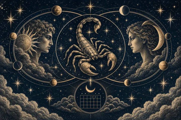 Engraved gold scorpion between two facing profiles, surrounded by stars, planets, crescent moons, and circular astrological lines; a small calendar symbol appears below.