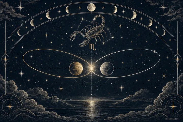 Engraved scorpion above a gold Scorpio symbol, with moon phases and two intersecting planetary paths over a dark, starry sea; marked illustrative.