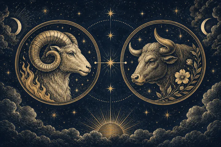 Gold engravings of a ram and a bull in circular frames face a star between them against a dark, starry sky, with clouds and a rising sun below.