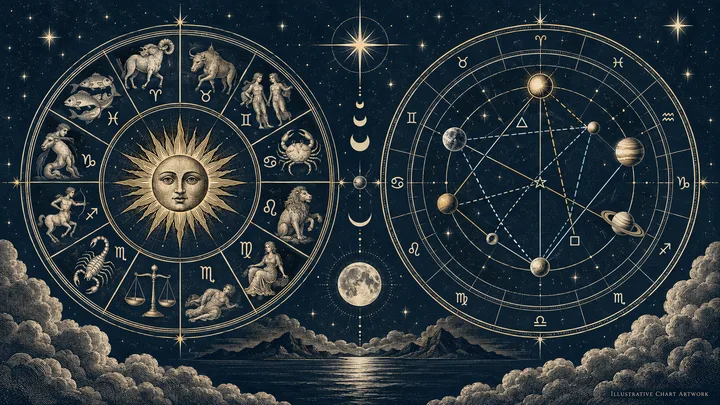 Editorial illustration accompanying: How should a synastry reader separate sign affinity from exact aspect evidence?