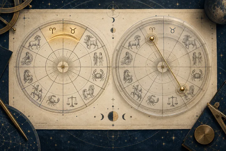 Editorial illustration accompanying: How should a synastry reader separate sign affinity from exact aspect evidence?