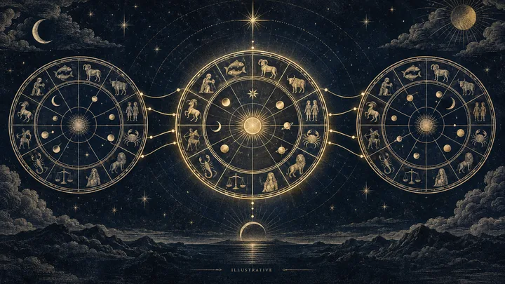Split brass zodiac illustration: two separate chart wheels with connecting planet lines on the left, and one shared relationship wheel on the right, against midnight blue.