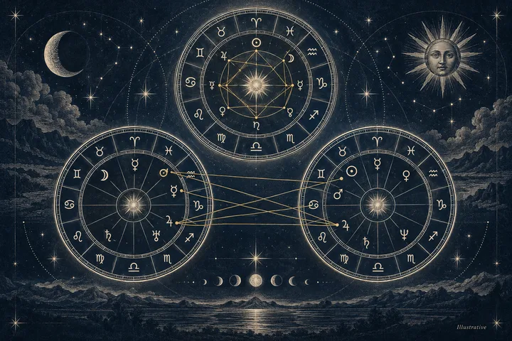 Ivory Venus and Mars symbols joined by a brass line between two chart circles, beside a single composite wheel marked by a central Saturn motif.