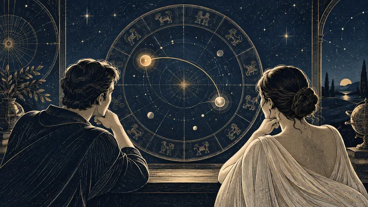 Engraved editorial illustration of a couple studying an illustrative synastry wheel with two brass planetary points joined by a receding arc, symbolizing shared relationship history.