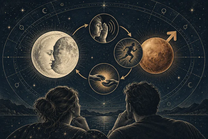 Engraved Moon and Mars synastry illustration showing a looping sequence from listening to action to a repairing touch, with a couple observing together.