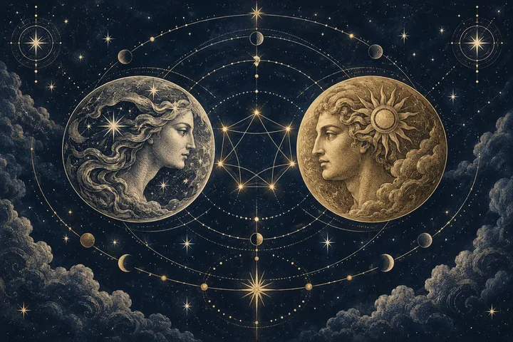 Engraved ivory and gold profiles of a woman and a man face each other within concentric orbital lines, stars, and small moon phases against a dark blue sky.
