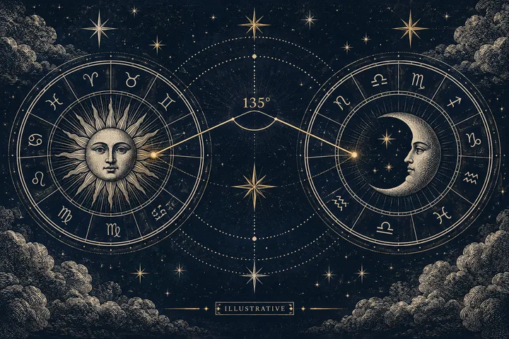 Engraved sun and crescent moon sit in separate zodiac wheels, joined by a line beneath the marking 135°; stars and the word ‘Illustrative’ appear on a dark blue background.