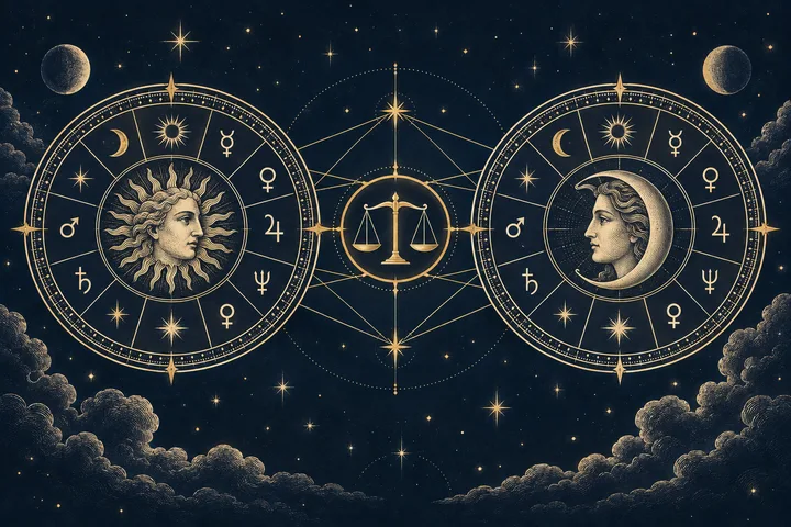Two ornate zodiac wheels with sun and moon portraits flank central balance scales, connected by fine gold lines against a starry navy sky.