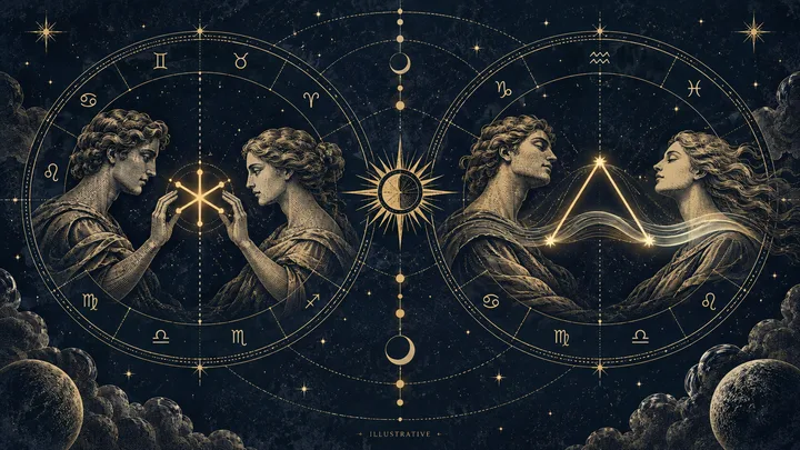 Illustrative twin zodiac wheels show a sextile bridge on the left and a glowing trine between paired figures on the right.