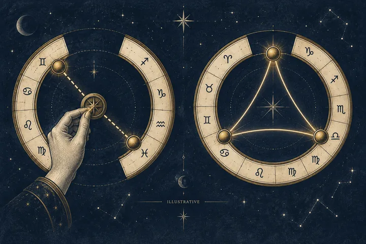 Illustrative hand places a small sextile marker between two separated zodiac wheels beside a bright trine triangle.