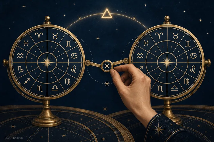 Illustrative brass connector joins two zodiac wheels beneath a glowing trine symbol, showing the comparison’s instinctive flow.