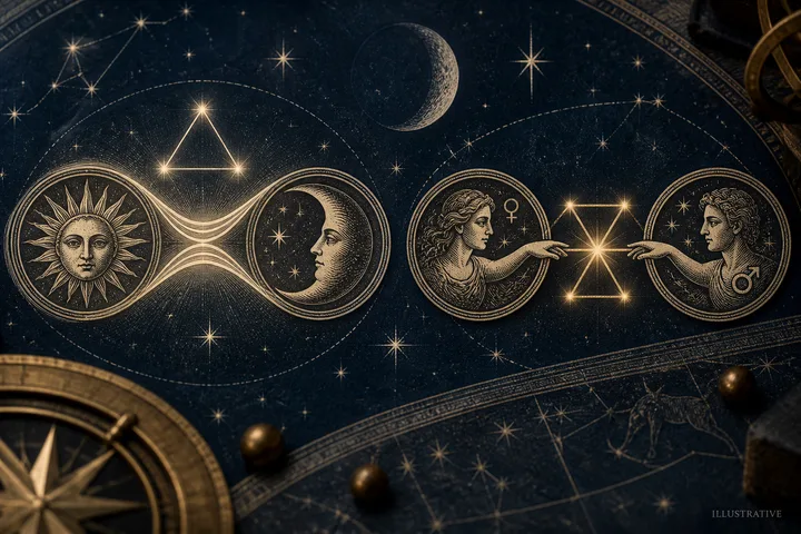 Illustrative Venus and Mars figures reach toward a central trine, with a Sun and Moon pair to the left, showing a flowing relationship pattern.