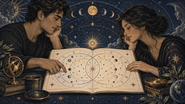 Editorial illustration accompanying: How can a couple share a synastry report without turning it into evidence against each other?