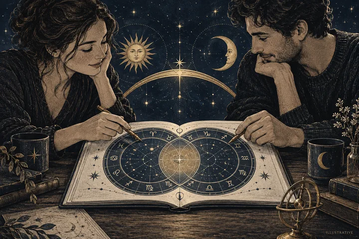 Editorial illustration accompanying: How can a couple share a synastry report without turning it into evidence against each other?