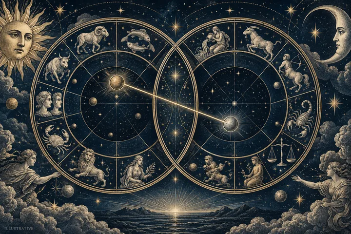Engraved illustration of two overlapping zodiac wheels with celestial figures and a glowing line connecting two planets, beneath a starry sky with a sun and moon.