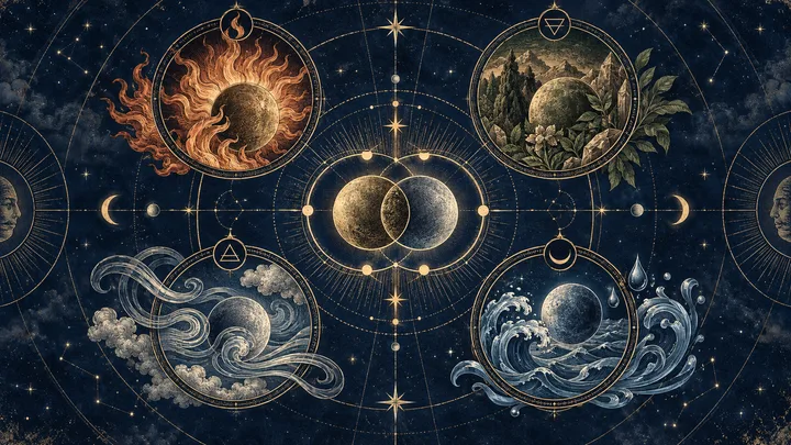 Illustrated star chart with two overlapping moons at the center, surrounded by four circular scenes of fire, mountains and plants, clouds, and waves.