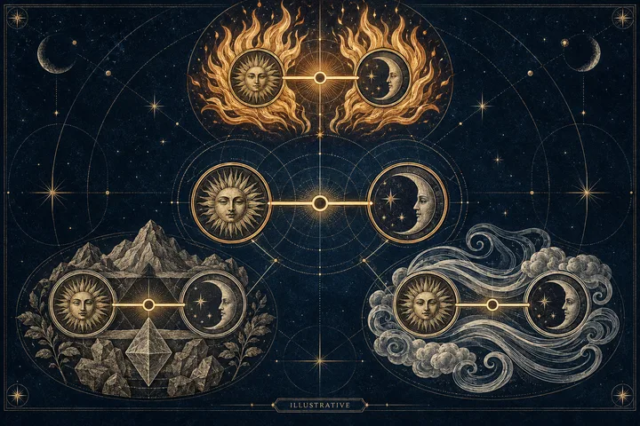 Illustration showing repeated paired sun and moon faces connected by horizontal lines, set among flames, mountains and crystals, and swirling clouds and water; the word ILLUSTRATIVE appears at the bottom.