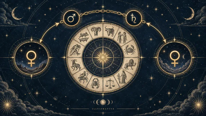 Illustrative engraved zodiac wheel with two Venus symbols linked by brass paths through their sign rulers.