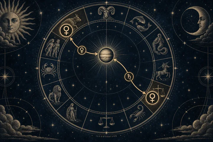 Illustrative zodiac wheel with two Venus symbols linked by arrows to planetary rulers.