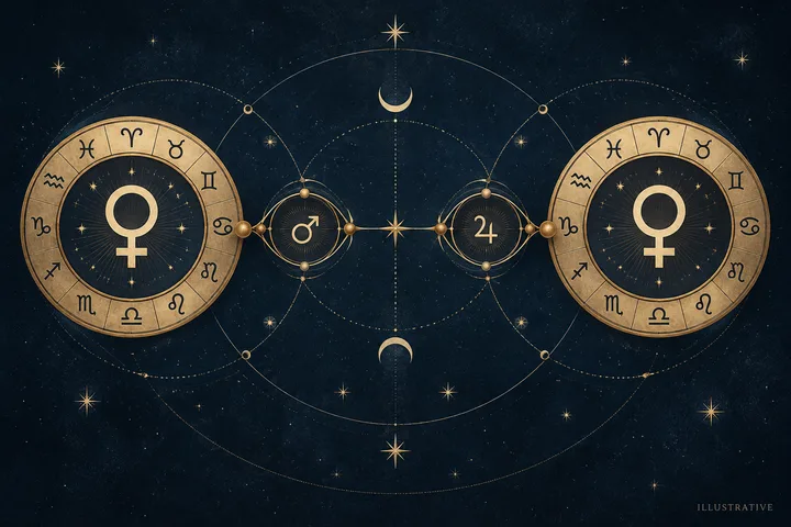 Illustrative brass reception motif showing one planet hosting another across a midnight-blue zodiac chart.