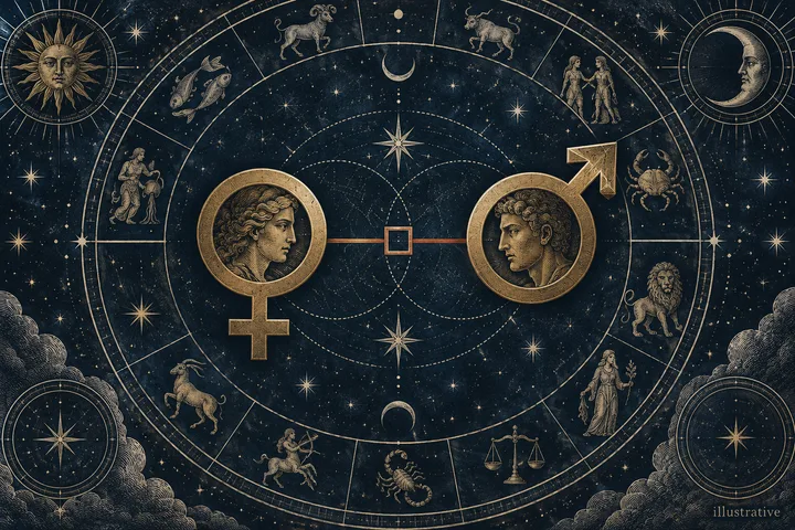 Engraved Venus and Mars medallions face each other across a zodiac wheel, joined by a square marker.