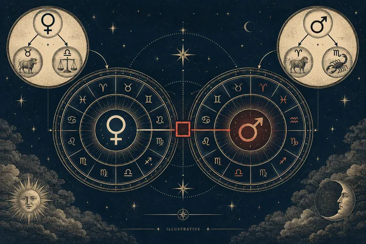 Illustrative synastry diagram showing Venus and Mars wheels linked by a red square, with sign rulers above them.