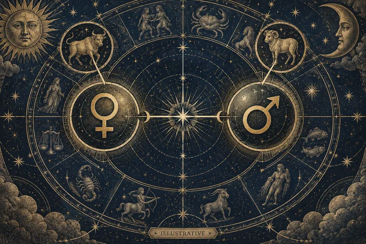 Close-up illustrative zodiac showing Venus and Mars symbols connected across a star-filled wheel with Taurus and Aries markers.