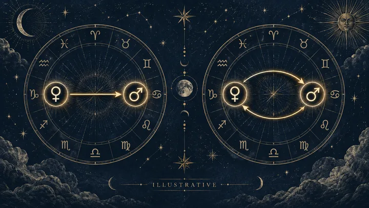 Engraved midnight-blue zodiac illustration contrasting a one-way planetary reception with a mutual two-way exchange between abstract planetary symbols, marked illustrative.