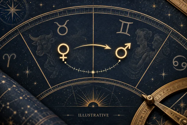 Close engraved synastry diagram showing a directional dignity pathway separate from a degree-marked aspect arc, marked illustrative.