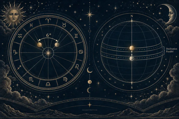 Engraved-style celestial illustration with a zodiac wheel marked 6°, a gridded sphere containing two marked points, stars, a sun, a crescent moon, clouds, and mountains; the sphere is labeled “Declination Parallel.”
