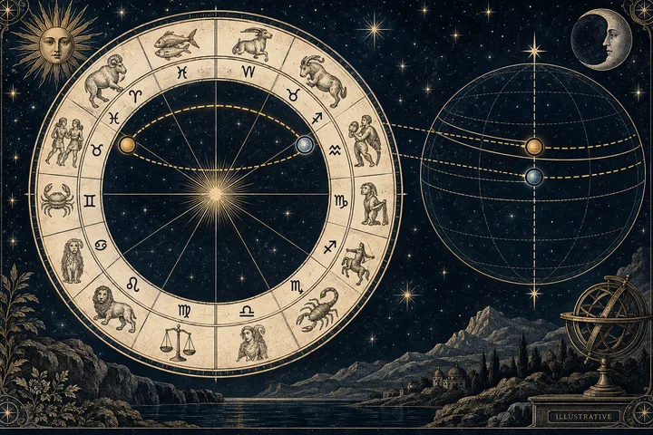 Engraved-style celestial illustration with a large zodiac wheel of animal and human symbols, two connected points and dashed lines, a gridded sphere, a sun, a crescent moon, mountains, water, and an armillary sphere.