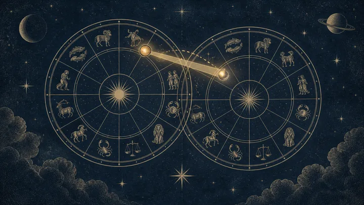Illustrative engraved synastry artwork showing two overlapping zodiac wheels connected by a single wide luminous angular relationship against a midnight-blue star field.