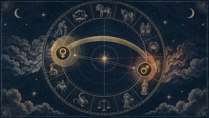 Illustrative engraved astrology plate showing Venus and Mars symbols on a zodiac ring joined by a broad, restrained angular arc.
