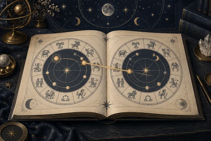 Engraved midnight-blue synastry scene with two illustrative zodiac charts connected by a precise brass aspect line on an open astrology book.