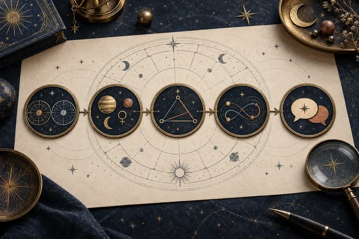 Engraved synastry evidence ladder showing two illustrative charts progressing through planetary symbols, aspect geometry, converging paths, and conversation bubbles.