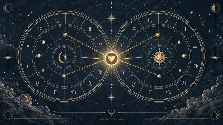 Engraved illustrative synastry chart with two generic zodiac wheels and brass aspect lines converging on a glowing heart motif.