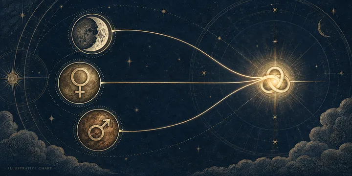 Illustrative Moon, Venus, and Mars emblems sending brass threads into one shared glowing relationship motif.