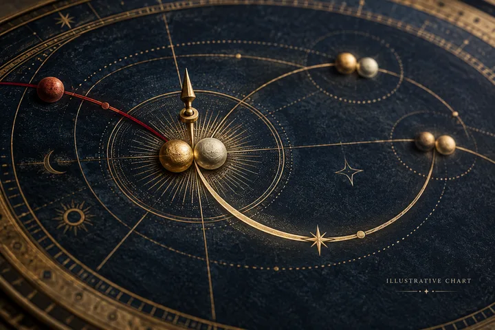 Close-up illustrative chart detail with a bright central contact, softer orbital echoes, a restrained red friction line, and a gold arc suggesting relief.