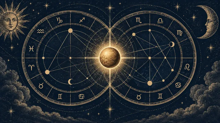 Two brass zodiac wheels overlap around a glowing central planet, with a sun face at left and a crescent moon at right.