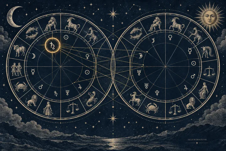 Two brass zodiac wheels show dotted cross-chart aspects, with Saturn circled in the left wheel above a mountain and reflected water.