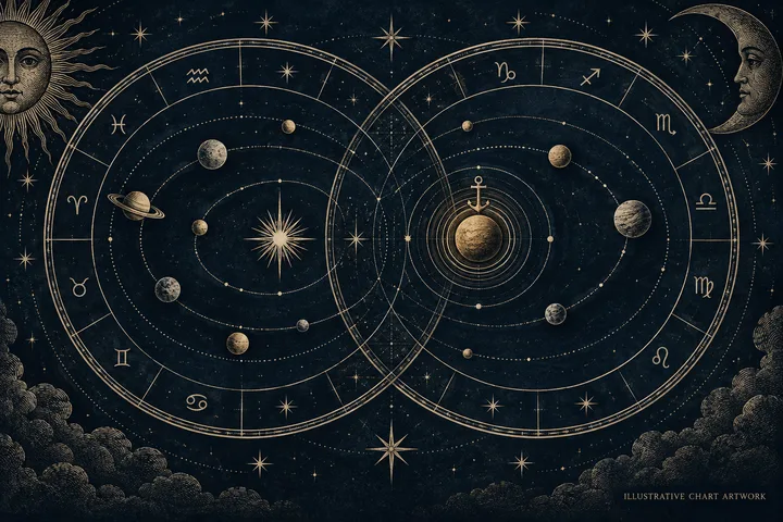 Twin zodiac wheels frame concentric planetary orbits and a central ringed planet, with a sun face and crescent moon at the outer edges.
