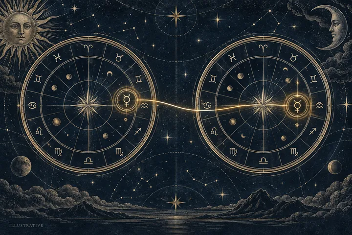 Engraved illustrative synastry wheels connected by a luminous brass thread at a highlighted personal planet.