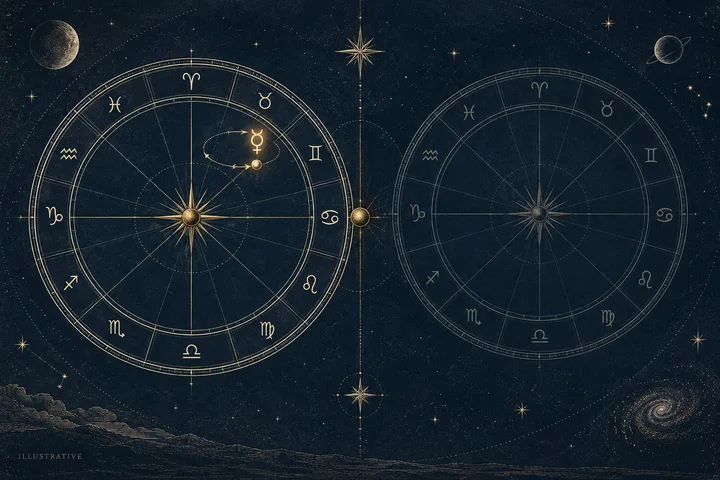 Illustrative chart showing a highlighted Mercury lingering at a turning point beside a quieter unconnected chart.