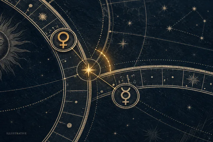 Close-up illustrative synastry arcs where Venus and Mercury meet at a precise glowing aspect point.