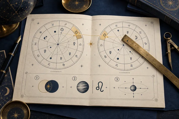 Illustrative synastry comparison report with two chart wheels, a brass ruler, compass, and a highlighted shared degree arc.
