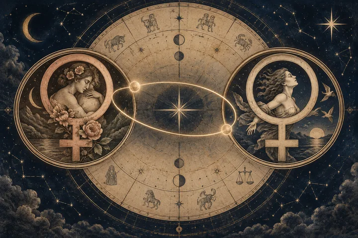 Engraved midnight-blue synastry illustration with two distinct Venus emblems orbiting an antique illustrative zodiac chart, symbolizing attraction with different styles of closeness.