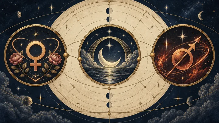 Three engraved celestial medallions represent Venus affection, Moon comfort, and Mars desire over an illustrative astrology chart.